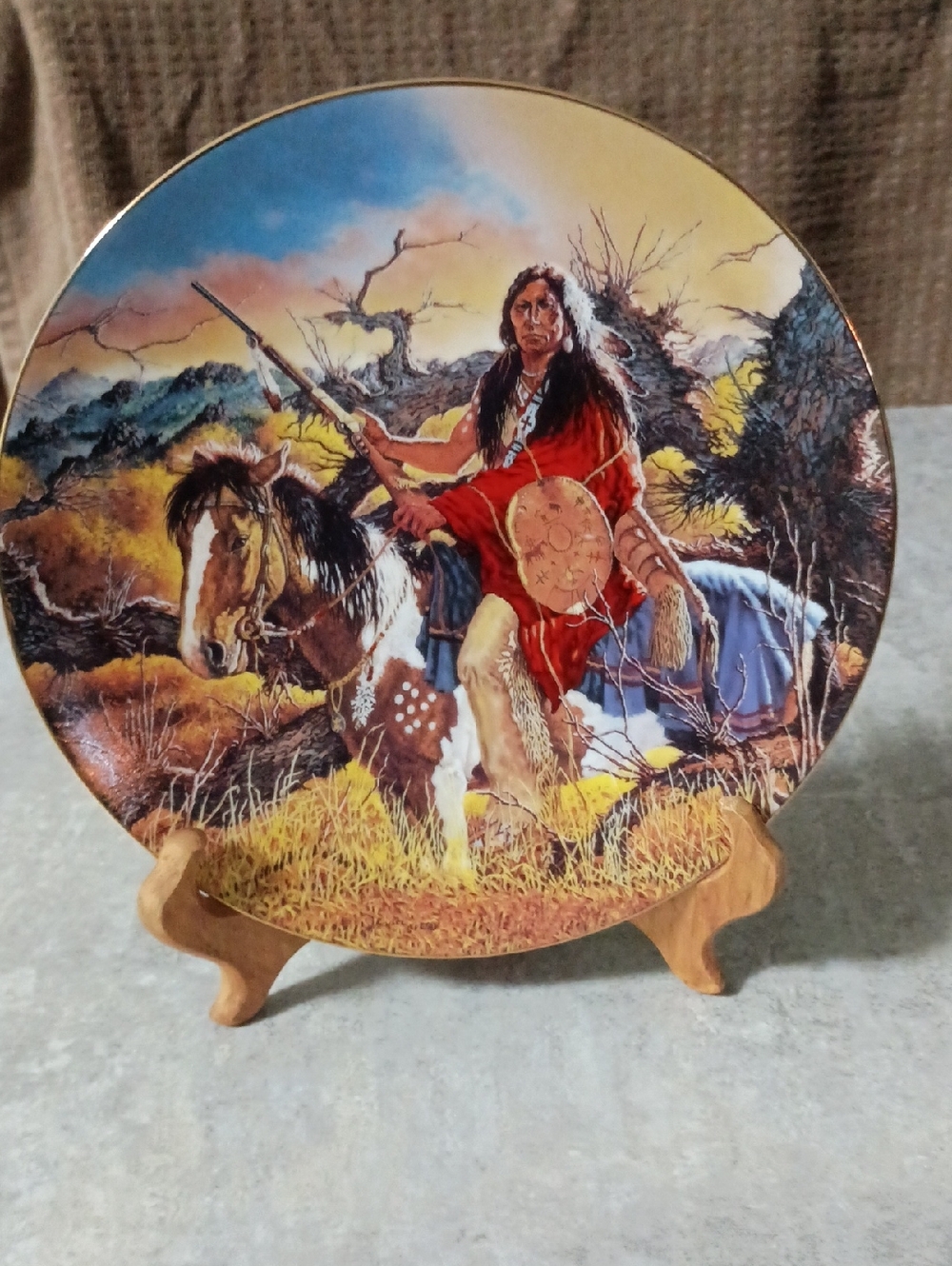 Native American Warrior Decorative Accent Plate - Red & Multicolor